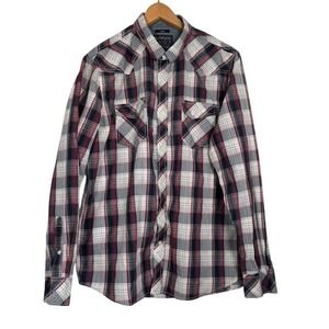 American Rag Plaid Snap Front Western Shirt Long Sleeve Men Large Red Navy White